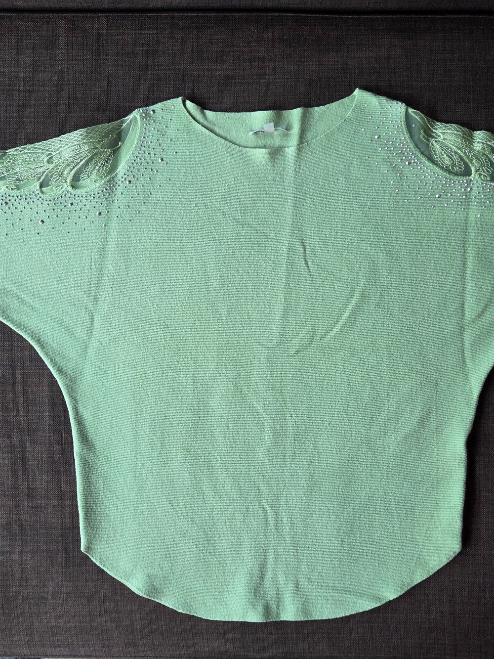 Mint Green Crewneck Top with Lace-Trim Shoulders